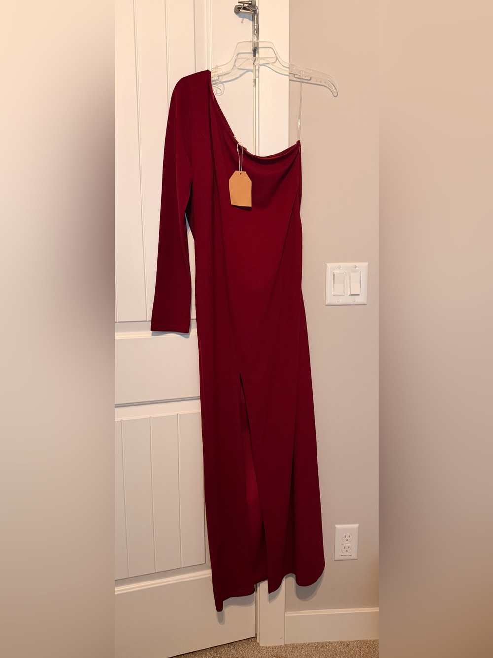 Main Strip Burgundy Long Sleeve Maxi Dress with Side Slit